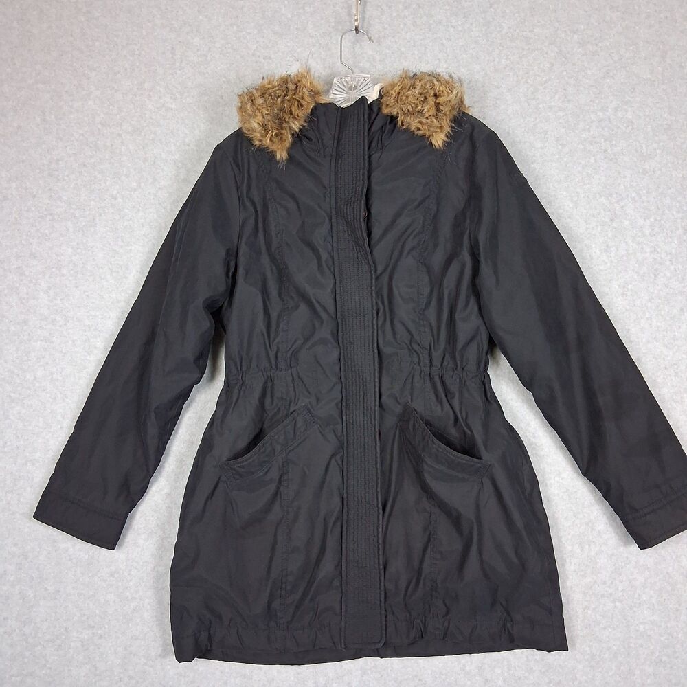 Abercrombie Fitch Women’s Black Parka Coat Size Medium Faux Fur Trim Hood Sherpa